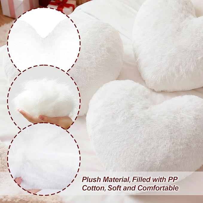 Nydotd Heart Pillows Cute Fuzzy Throw Pillow White Love Heart Shaped Decorate Pillows for Bed Livingroom Sofa Gifts Home Decor Cushion Small 11.8" x 10"