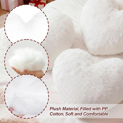 Nydotd Heart Pillows Cute Fuzzy Throw Pillow White Love Heart Shaped Decorate Pillows for Bed Livingroom Sofa Gifts Home Decor Cushion Small 11.8" x 10"