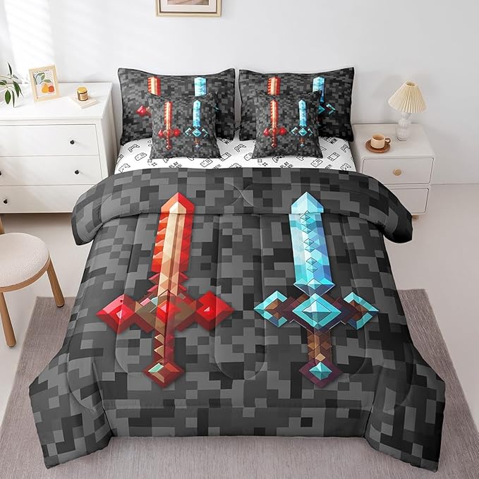 Red Blue Sword Bedding Set Queen,Sandbox Building Games 7Pcs Comforter Set for Kids Boys Teens Men Room Decor,Pixelated Style Swords Fitted Flat Sheet Grey Black Camo 2 Throw Pillow,2 Pillowcases