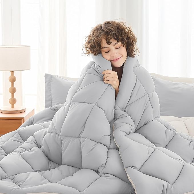 MUXHOMO 5 Pieces Twin XL Comforter Set, Reversible Bed in a Bag Twin XL Size, All Season Bedding Set with Comforter, Flat Sheet, Fitted Sheet, Pillowcases & Shams, Light Grey & Beige