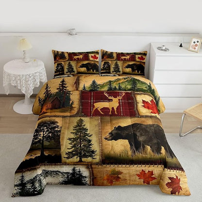 Rustic Farmhouse Bedding Comforter Sets Twin Size, Retro Cabin Lodge Bedding Sets, Hunting Bear Deer Comforter Set, Country Maple Leaves Duvet Insert, Rustic Woodland Pine Tree Quilt, Red Brown