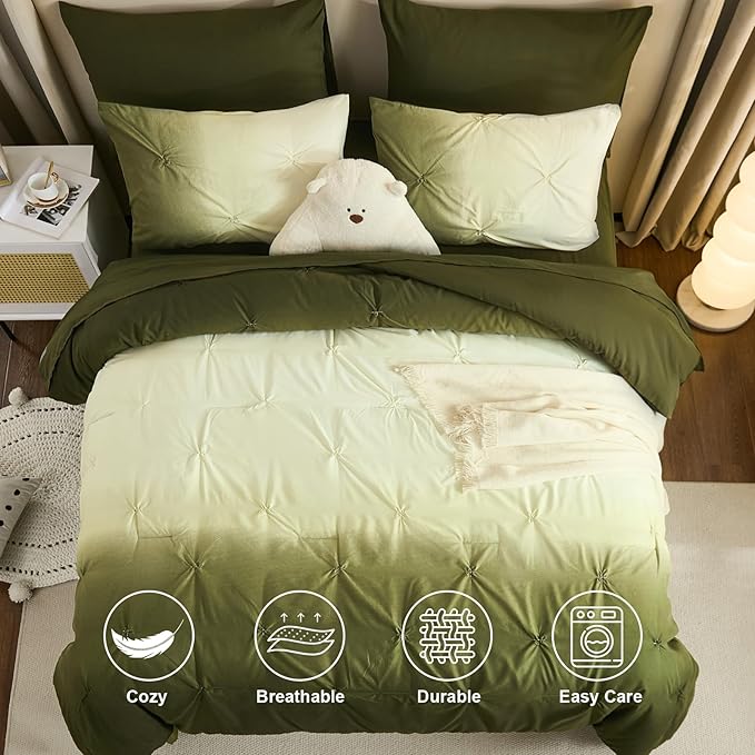 Dinjoy Ombre Comforter Set Twin Size, 5-Piece Bed in a Bag for Kid Teen, Pintuck Colorful Rainbow Bedding Sets with Comforter, Flat Sheet, Fitted Sheet and Pillowcases & Shams, Green