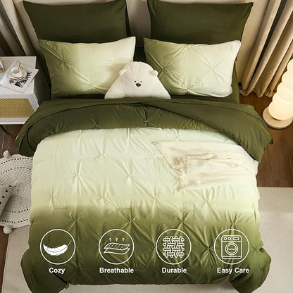 Dinjoy Ombre Comforter Set Twin Size, 5-Piece Bed in a Bag for Kid Teen, Pintuck Colorful Rainbow Bedding Sets with Comforter, Flat Sheet, Fitted Sheet and Pillowcases & Shams, Green