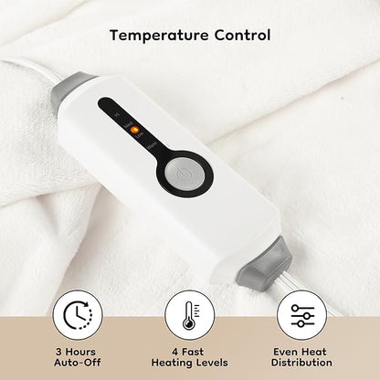 Electric Heated Blanket Throw Size 50"×60", Breathable & Luxurious Flannel, Soft Warm Gift with Over-Heat Protection, 4 Heating Levels & 3 H Auto Shut Off, Machine Washable, White