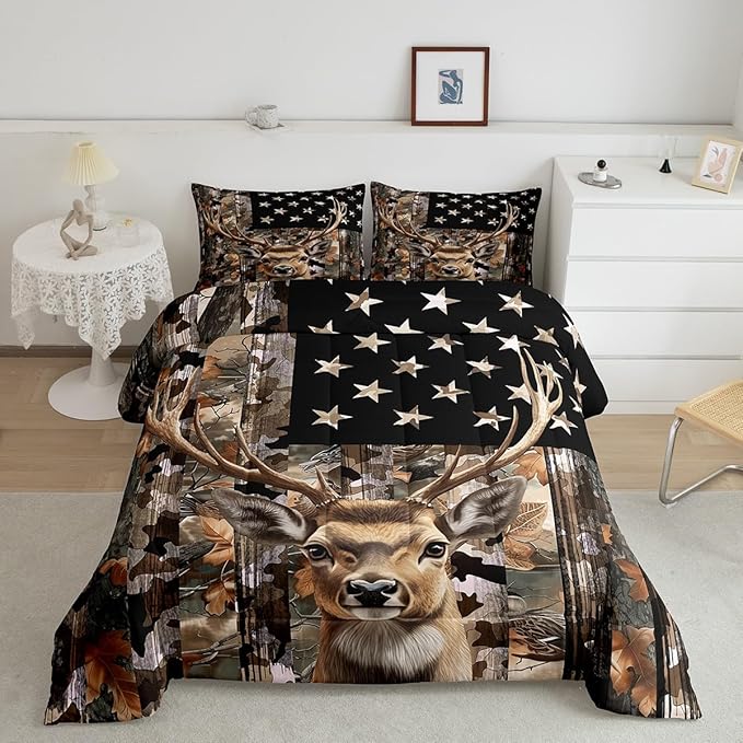 Feelyou Deer Hunting Comforter,Hunter Bedding Set Camo American Flag Comforter Toddler Size for Bedroom Decor,Deer Comforter Set for Boys Teens Girls,Toddler Comforter Set with 1 Pillowcase