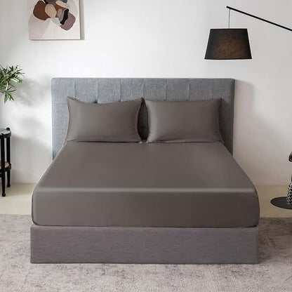 THXSILK 100% Mulberry Silk Fitted Sheet Set, 7A+ Silk 3 Pieces Bed Sheets, Breathable, Smooth, 16 Inch Deep Pocket Fitted Sheet, 2 Pillowcases - Charcoal, Twin
