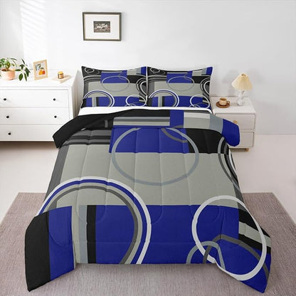 Erosebridal Dark Blue Black Gray Comforter Set Twin Modern Swirls Striped Bedding Set Abstract Circles Rings Duvet Set Geometric Plaid Comforter Gromment Spiral Graphic Art Down Comforter Room Decor