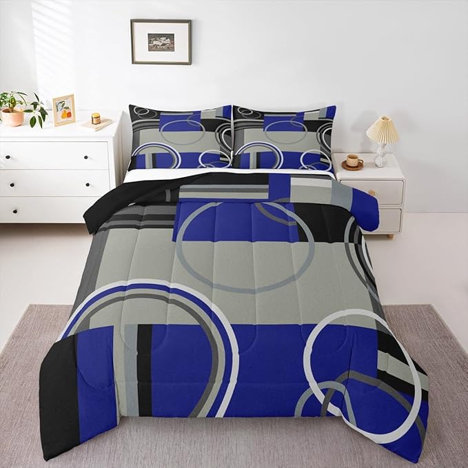 Erosebridal Dark Blue Black Gray Comforter Set Queen Modern Swirls Striped Bedding Set Abstract Circles Rings Duvet Set Geometric Plaid Comforter Gromment Spiral Graphic Art Down Comforter Room Decor