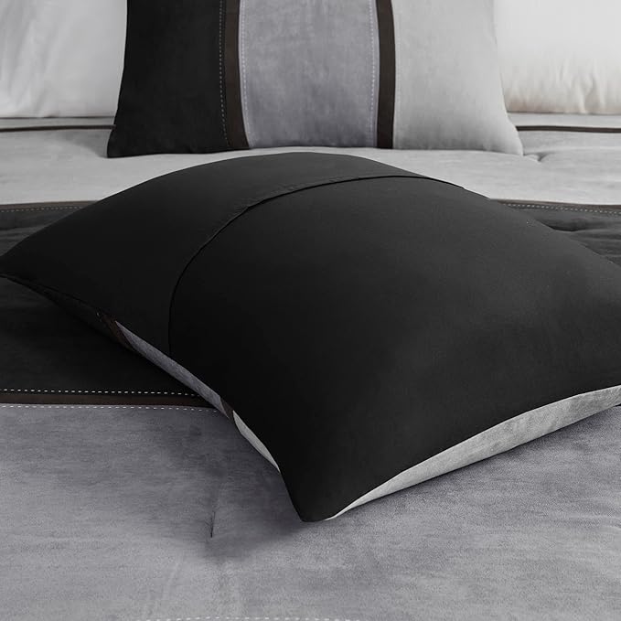 Madison Park Palisades Comforter Set Modern Faux Suede Pieced Stripe Design, All Season Down Alternative Cozy Bedding with Matching Shams, Decorative Pillows, Cal King(104"x92"), Black 7 Piece