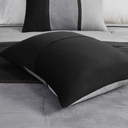 Madison Park Palisades Comforter Set Modern Faux Suede Pieced Stripe Design, All Season Down Alternative Cozy Bedding with Matching Shams, Decorative Pillows, Cal King(104"x92"), Black 7 Piece