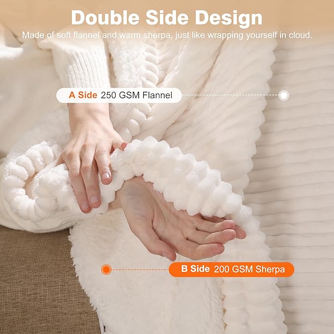 Electric Throw Heated Throw 50''x60'', Striped Flannel & Thicker Sherpa, 5 Heat Settings & 4 Hour Auto Off with FCC/ETL Certified, Overheat Protection & Machine Washable, Great Gift, White