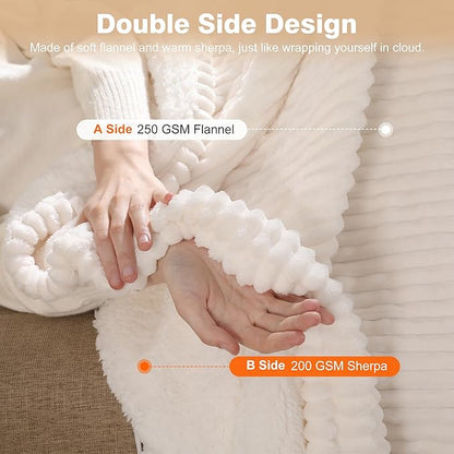 Electric Throw Heated Throw 50''x60'', Striped Flannel & Thicker Sherpa, 5 Heat Settings & 4 Hour Auto Off with FCC/ETL Certified, Overheat Protection & Machine Washable, Great Gift, White