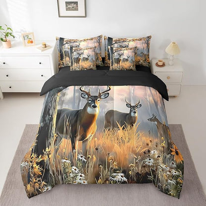 Erosebridal 7 Pcs Cute Deer Comforter Set for Kids Boys Girls Full Size - Woodland Hunting Deer Bedding Set with Sheets Woodland Wild Animal Bed in A Bag Farmhouse Rustic Cabin Lodge Duvet Insert