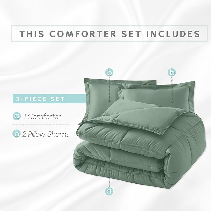 Elegant Comfort 3-Piece Box Stitched Down Alternative Comforter with Shams - Ultra Soft for All Season Duvet Insert with Corner Tabs, Plush Cozy 3PC Comforter Set, Queen, Smoke Green