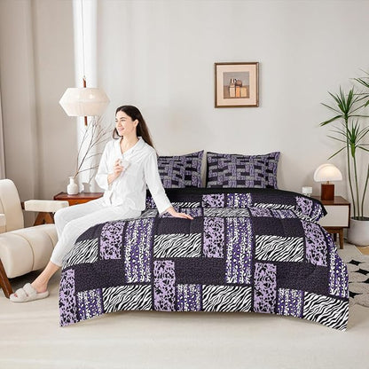Wildlife Fur Splicing Print Bed Sets in a Bag 7 Pieces,Black Grey Kids Comforter Set Twin,Wild Animal Skin Leopard Bedding Set with 1 Comforter,2 Sheets,2 Pillowcases & 2 Throw Pillow Covers