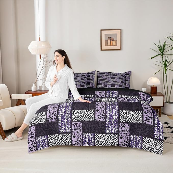 Wildlife Fur Splicing Print Full Comforter Set 7 Pcs,Black Grey Kids Comforter Blanket,Wild Animal Skin Leopard Bedding Sets with Comforter,Flat Sheet,Fitted Sheet,Pillowcases and Pillow Covers