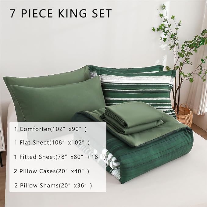 KAKIJUMN 7 Piece Bed in a Bag Stripe Comforter Set King Size, White Grey Green Patchwork Striped Comforter and Sheet Set, All Season Soft Microfiber Complete Bedding Sets(Dark Green,King)