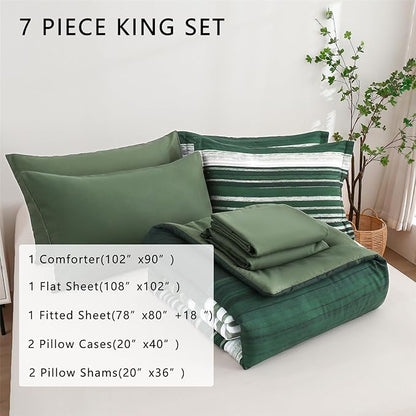 KAKIJUMN 7 Piece Bed in a Bag Stripe Comforter Set King Size, White Grey Green Patchwork Striped Comforter and Sheet Set, All Season Soft Microfiber Complete Bedding Sets(Dark Green,King)