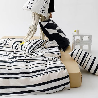 KAREVER Striped Comforter Set - California King Black & White Modern Chic Stripes Bed Comforter - Beige & Black Striped Cal King Ticking Bedding - All Season Hotel Quality Bed Set