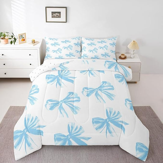 Erosebridal Bow Bedding Set Queen Size,Blue Bowknot Comforter Set Bow Tie Bedding Comforter Sets for Kids Teen Adults Bedroom Decor,Watercolor Bowknot Blue White Duvet Insert