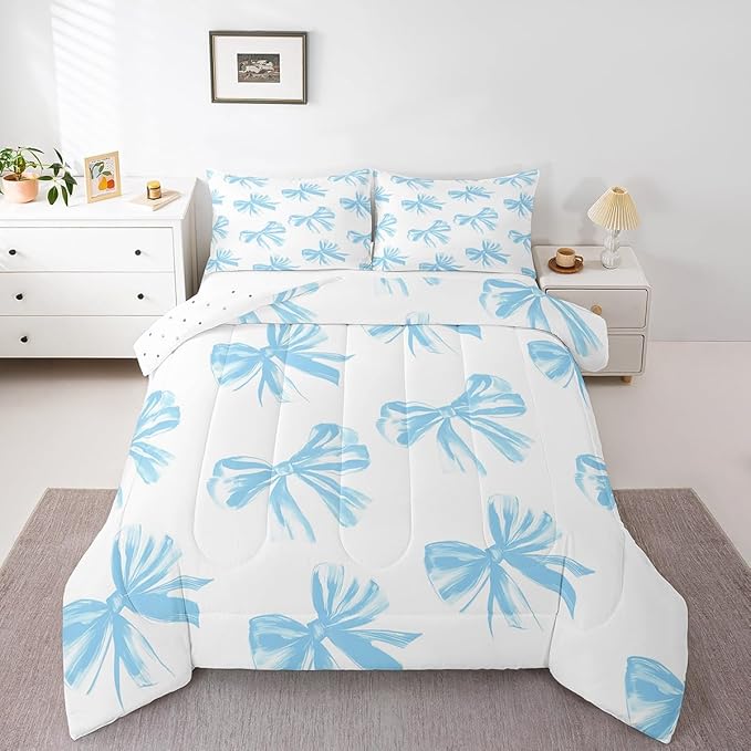 Erosebridal Bow Bedding Set Twin Size,Blue Bowknot Comforter Set Bow Tie Bedding Comforter Sets for Kids Teen Adults Bedroom Decor,Watercolor Bowknot Blue White Duvet Insert