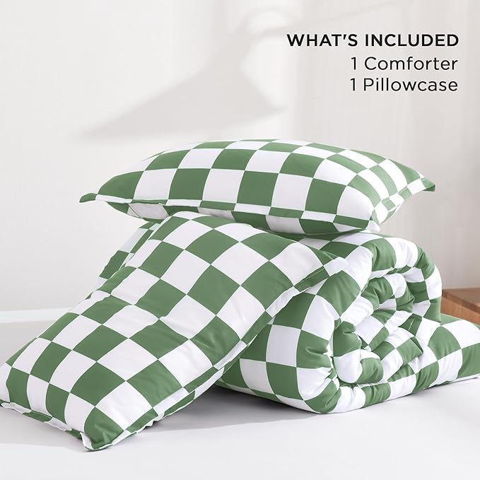 Andency Green Checkered Comforter Twin(66x90Inch), Plaid Gingham Buffalo Grid Bedding Comforter Sets for Boys Kids Teens, 2 Pieces Lightweight Microfiber Geometric Preppy Bed Set