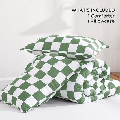 Andency Green Checkered Comforter Twin(66x90Inch), Plaid Gingham Buffalo Grid Bedding Comforter Sets for Boys Kids Teens, 2 Pieces Lightweight Microfiber Geometric Preppy Bed Set