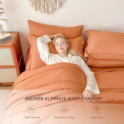 Cal King Comforter Duvet Cover Set Burnt Orange - 7-Piece Bed in a Bag, Double Brushed Micorfiber All-Season Soft Bedding with Sheets & Envelope Pillowcases(104"x90",Cal King)