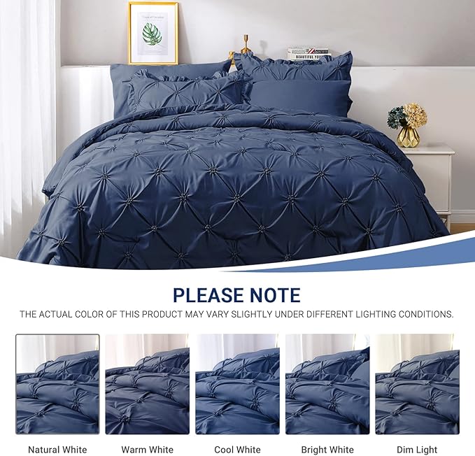 JOLLYVOGUE Navy Blue Twin Size Comforter Sets 5 Pieces, Pintuck Bed in a Bag Comforter Set for Bedroom, Bedding Comforter Sets with Comforter, Sheets,Ruffled Shams & Pillowcases