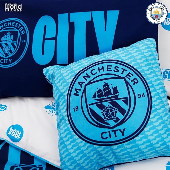 Character World Manchester City FC Official Blue Cushion, Super Soft Reversible 2 Sided, Soccer Club Crest Design, Perfect for Any Bedroom, Sofa or on The Bed 16 x 16 INCHES