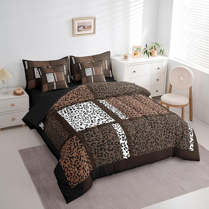 Leopard Print Comforter Set 7 Pieces,African Cheetah Wildlife Animal Skin Bed Set,3D Geometric Patchwork Bedding Set,Queen Size(1 Comforter,2 Pillowcase,2 Pillow Covers,1 Flat Sheet,1 Fitted Sheet)