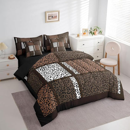 Castle Fairy Leopard Print Comforter Set Full Size,Brown White Wild Animal Skin Bedding Set,African Cheetah Wildlife Patchwork Bed Set 7 Pieces(Comforter+Fitted+Flat Sheet+Pillowcase+Pillow Cover)