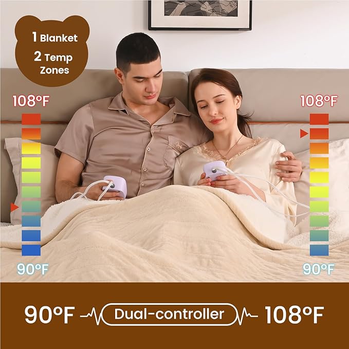 Bearhug Electric Blanket King Size 100" x 90", Dual Controller Heated Blanket Beige, Velvet & Sherpa, 10-Heat Levels & 1-12H Auto Off, 5 Year Warranty, Over-Heat Protect, ETL, Machine Washable