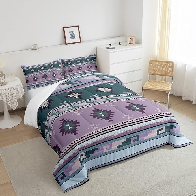 Western Decor,Vintage Exotic Indian Geometric Bedding Set Boho Western Comforter Set King,Ethnic Tribal Arrow Quilt Aztec Duvet Insert,Rustic Home Decor Rustic Farmhouse Decor Lavender Purple
