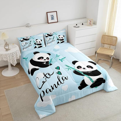 Feelyou Cute Panda Bedding Set Cartoon Panda Comforter Set for Kids Boys Girls Animal Theme Comforter Kawaii Animal Quilt Set Blue 1 Comforter Set with 1 Pillowcase Twin Size