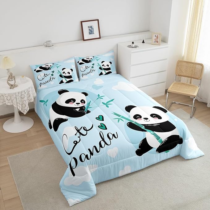 Feelyou Cute Panda Bedding Set Cartoon Panda Comforter Set for Kids Boys Girls Animal Theme Comforter Kawaii Animal Quilt Set Blue 1 Comforter Set with 2 Pillowcases Full Size
