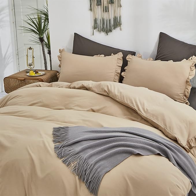 CLOTHKNOW Champagne Ruffles Queen Comforter Set 3Pcs Farmhouse Bedding Comforter Sets Soft Tan Comforter Khaki Comforter with 2 x Pillow Cases