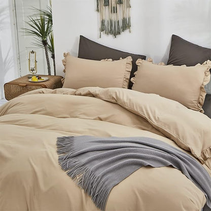 CLOTHKNOW Champagne Ruffles Queen Comforter Set 3Pcs Farmhouse Bedding Comforter Sets Soft Tan Comforter Khaki Comforter with 2 x Pillow Cases