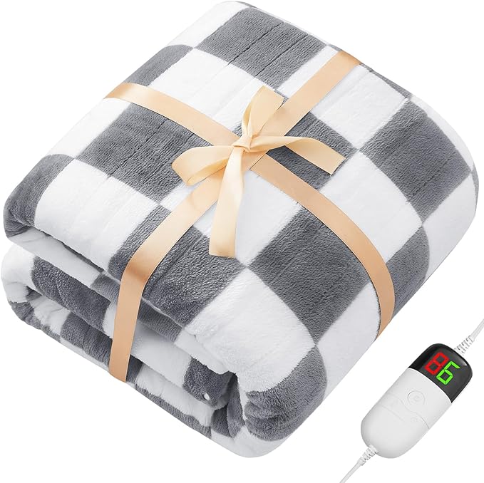 Heated Electric Blanket Twin Size, 62X84 Heating Blanket with 10 Heat Level & 8 Hours Auto Off, Light Gray Checkered Plaid Soft Fleece Sherpa Blankets Warmer Gifts for Couch Grandma Women Adults