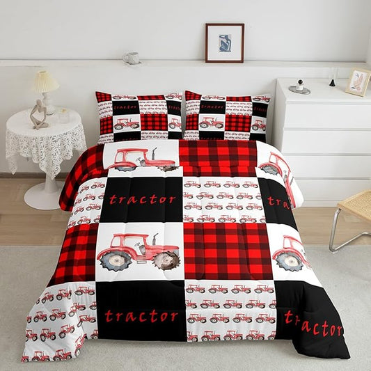 Erosebridal Tractor Bedding Set Red Tractor Comforter for Boys Kids Girls Teens Equipment Truck Comforter Set King Buffalo Plaid Down Comforter Farmhouse Harvester Grid Quilt Set, Black