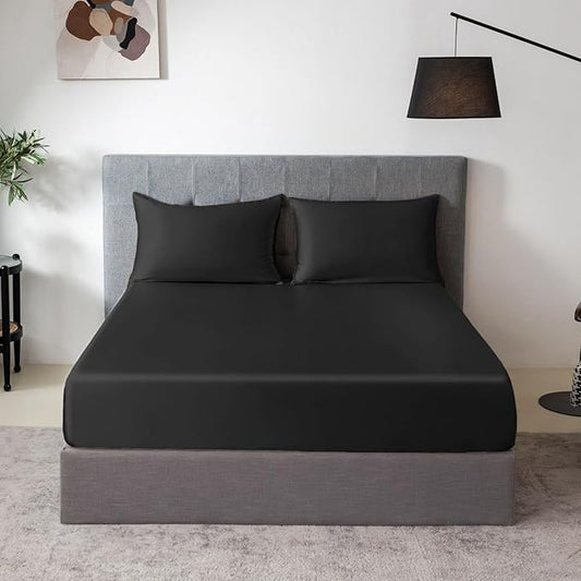 THXSILK 100% Mulberry Silk Fitted Sheet Set, 7A+ Silk 3 Pieces Bed Sheets, Breathable, Smooth, 16 Inch Deep Pocket Fitted Sheet, 2 Pillowcases - Black, California King