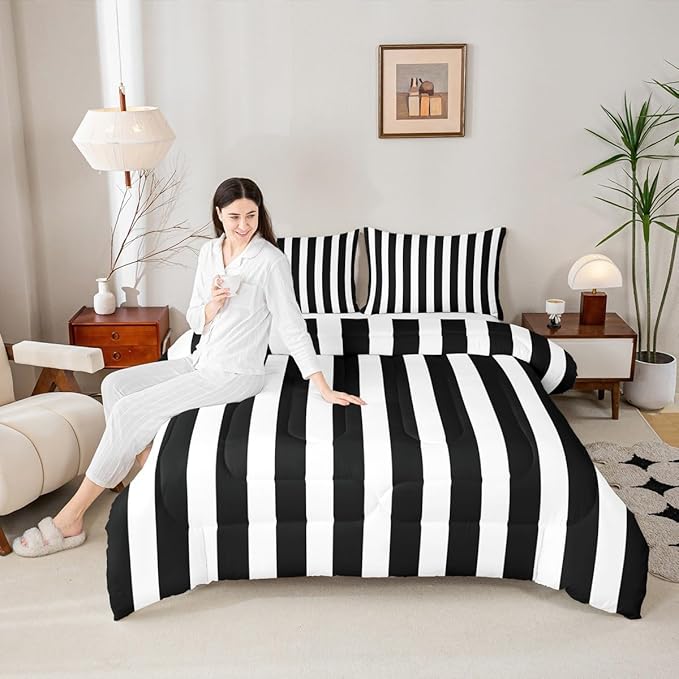 Erosebridal Black and White Striped Queen Comforter Set (Pink Reversible) | Striped Bedding Set Pink and Black Comforter Sets for Kids Teens Adults Cute Pinstripe Girls Bed Quilt Sets