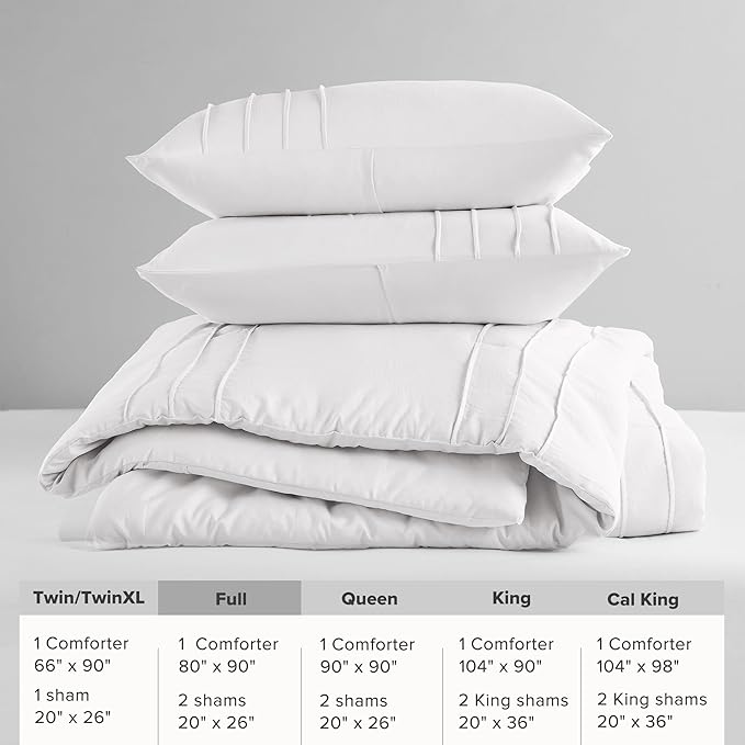 Comfort Spaces White Full Size Comforter Set - 3 Pieces Pintuck Pleated Bedding Sets, All Season Lightweight, Extra Softness Pre-Washed Microfiber Full Bed Set, Shams, Full