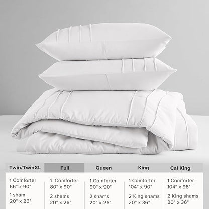 Comfort Spaces White Full Size Comforter Set - 3 Pieces Pintuck Pleated Bedding Sets, All Season Lightweight, Extra Softness Pre-Washed Microfiber Full Bed Set, Shams, Full