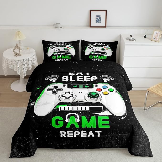 jejeloiu Eat Sleep Game Bedding Set Toddle Size Cartoon Gamer Comforter Set for Kids Boys Girls Modern Game Duvet Set Black Green Quilt Set 2Pcs