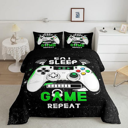 jejeloiu Eat Sleep Game Bedding Set King Size Cartoon Gamer Comforter Set for Kids Boys Girls Modern Game Duvet Set Black Green Quilt Set 3Pcs