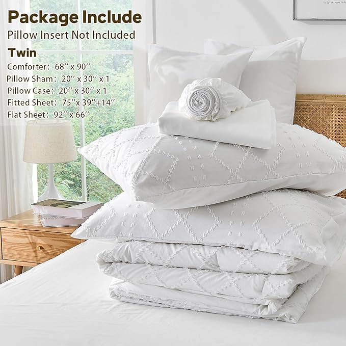 Nesker Boho Twin Comforter Set - 5 Pcs Tufted Whilt Bedding Sets, Soft Cozy Chic Bed in a Bag, Vintage Shabby Bed Set All Season with Comforter, Fitted Sheet, Flat Sheet & Pillowcases