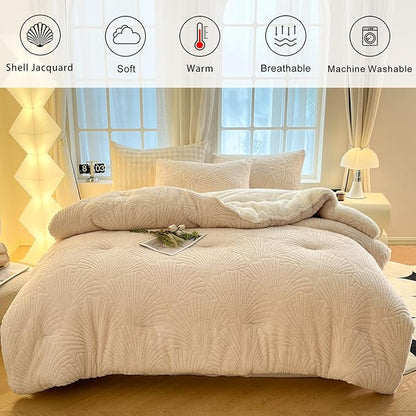 Seashell Jacquard Sherpa Comforter Set Warm Cozy Premium Bedding 2 Pieces, Twin Size Geometric Pattern Quilt Comforter with 1 Pillowcases(68"X90" Ivory White)