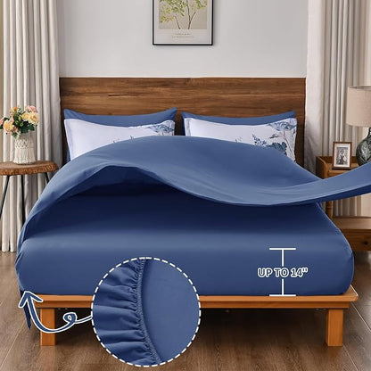 DJY Floral Queen Comforter Set - 7 Pieces Blue Floral Bed in a Bag with Flower Leaves Pattern, Soft Microfiber Botanical Comforter and Sheet Set, All Season Bedding Set (90''x90'')