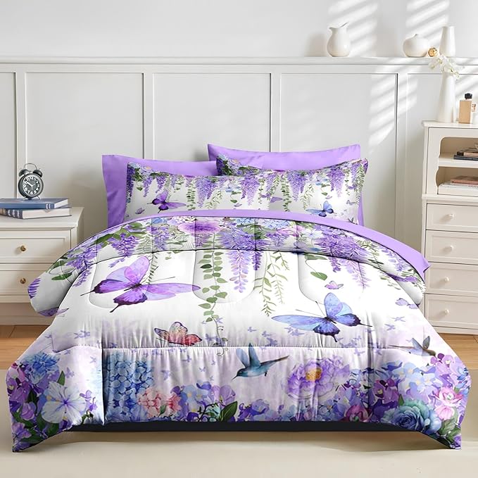 Nesker 5 Pcs Spring Comforter Set Twin Size, Purple Floral Bedding Set for Kids and Adults, Butterfly Wisteria Hydrangea Bed Sheet Sets with Fitted Sheet Pillowcase & Sham